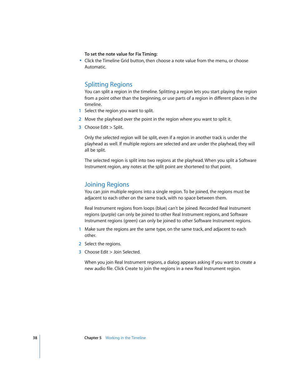 Splitting regions, Joining regions | Apple GarageBand 2.0 User Manual | Page 38 / 77