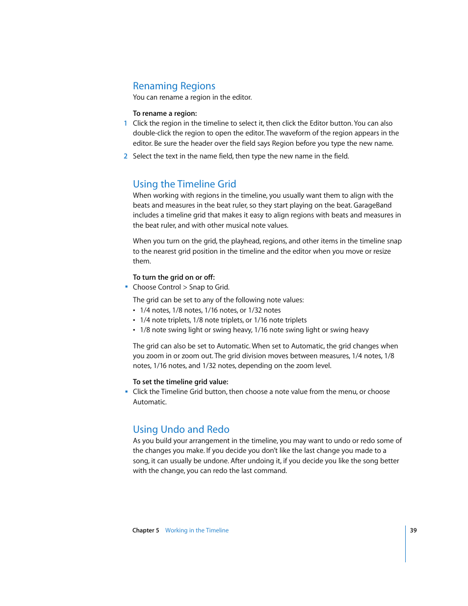 Renaming regions, Using the timeline grid, Using undo and redo | Apple GarageBand 2.0 User Manual | Page 39 / 77