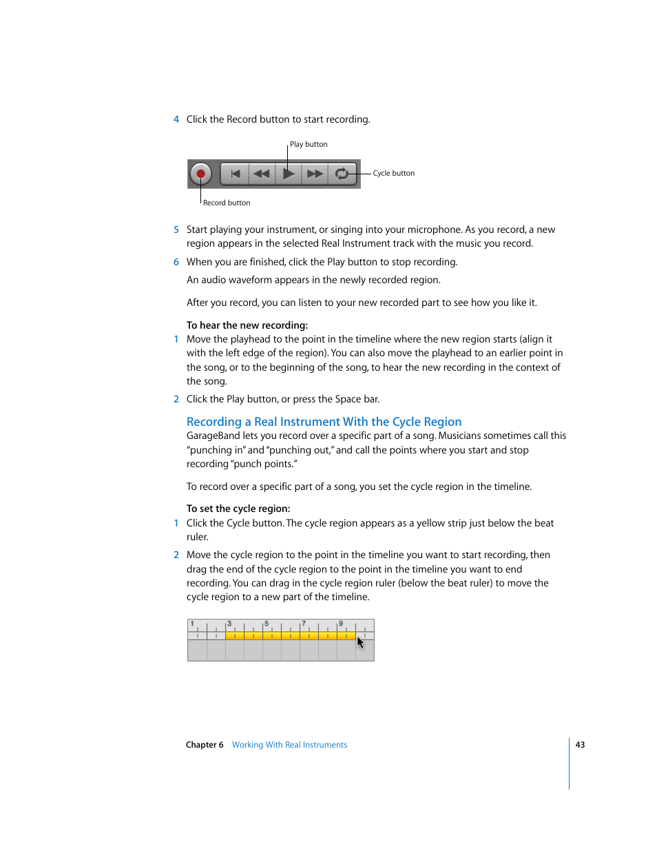 Recording a real instrument with the cycle region | Apple GarageBand 2.0 User Manual | Page 43 / 77