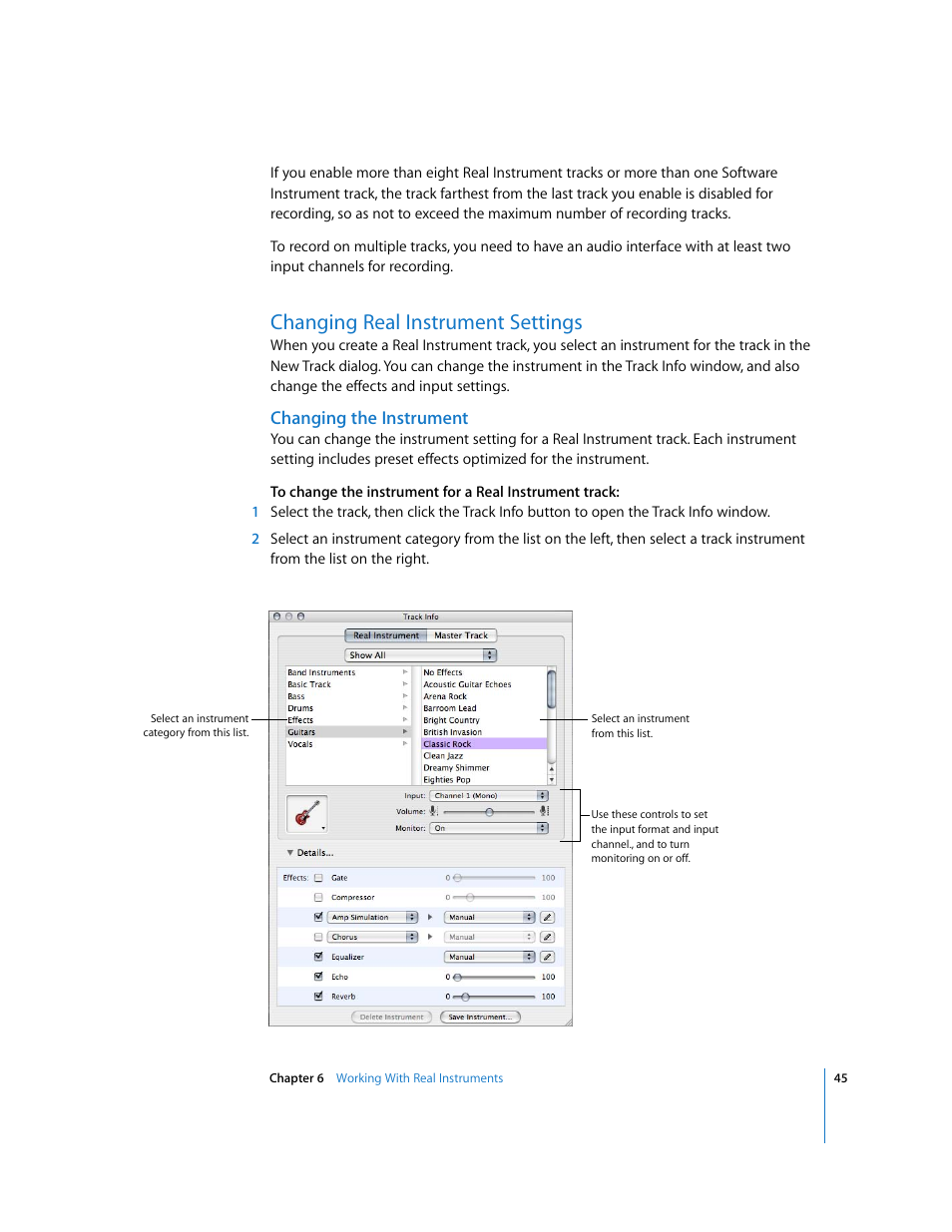 Changing real instrument settings, Changing the instrument | Apple GarageBand 2.0 User Manual | Page 45 / 77