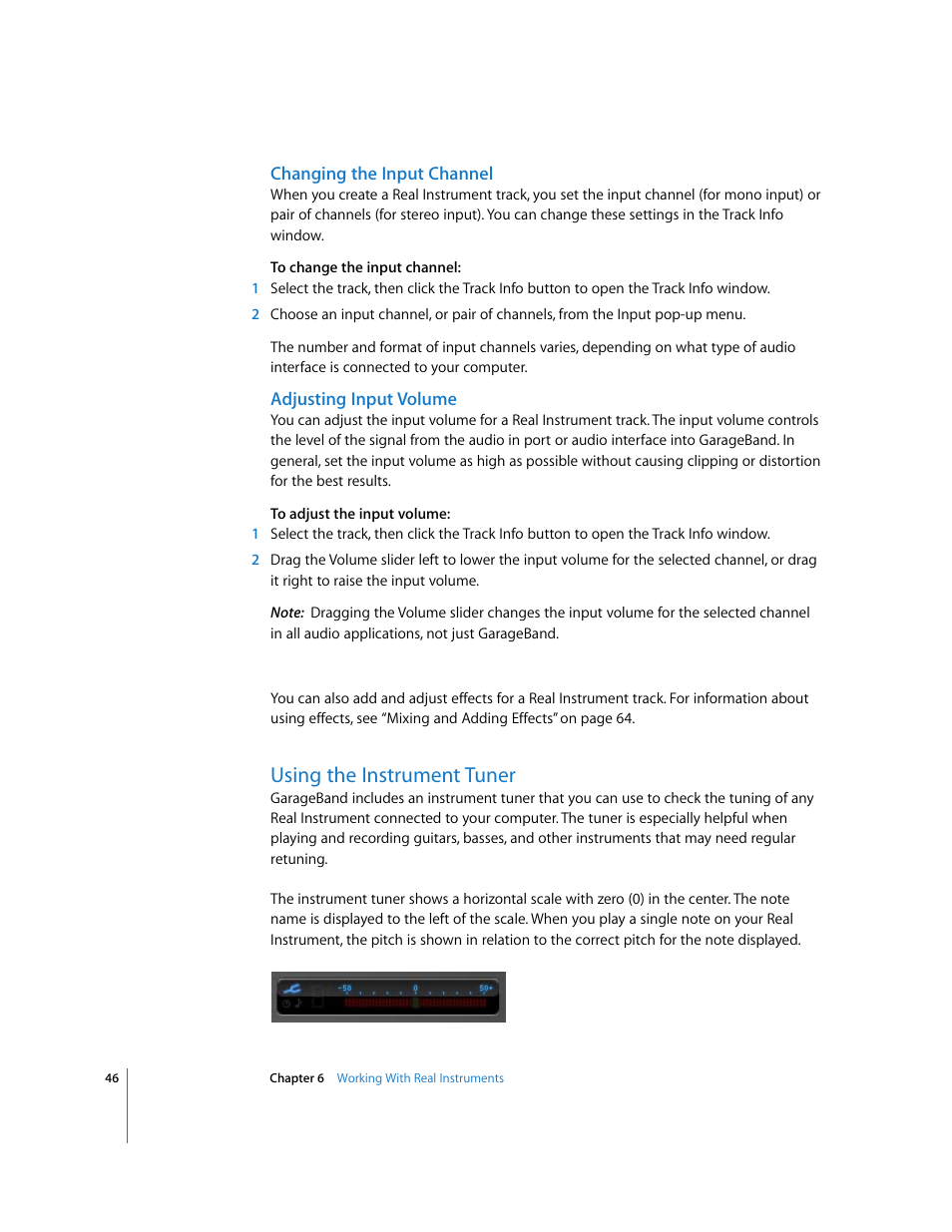 Changing the input channel, Adjusting input volume, Using the instrument tuner | Apple GarageBand 2.0 User Manual | Page 46 / 77