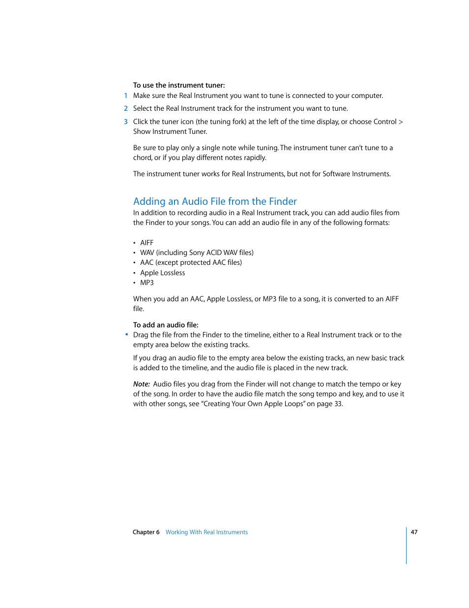 Adding an audio file from the finder | Apple GarageBand 2.0 User Manual | Page 47 / 77