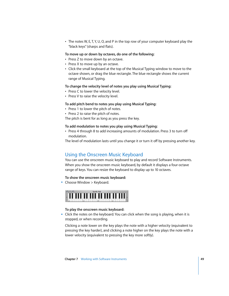 Using the onscreen music keyboard | Apple GarageBand 2.0 User Manual | Page 49 / 77