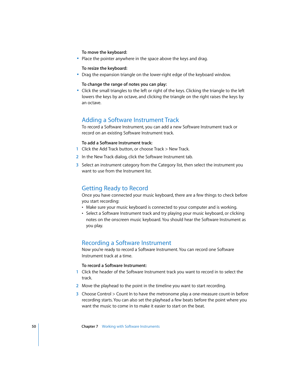 Adding a software instrument track, Getting ready to record, Recording a software instrument | Apple GarageBand 2.0 User Manual | Page 50 / 77