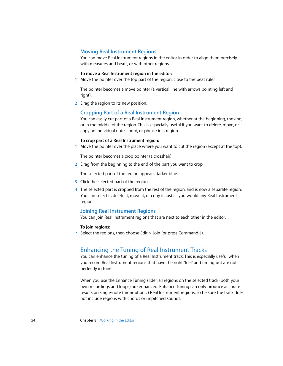 Moving real instrument regions, Cropping part of a real instrument region, Joining real instrument regions | Enhancing the tuning of real instrument tracks | Apple GarageBand 2.0 User Manual | Page 54 / 77