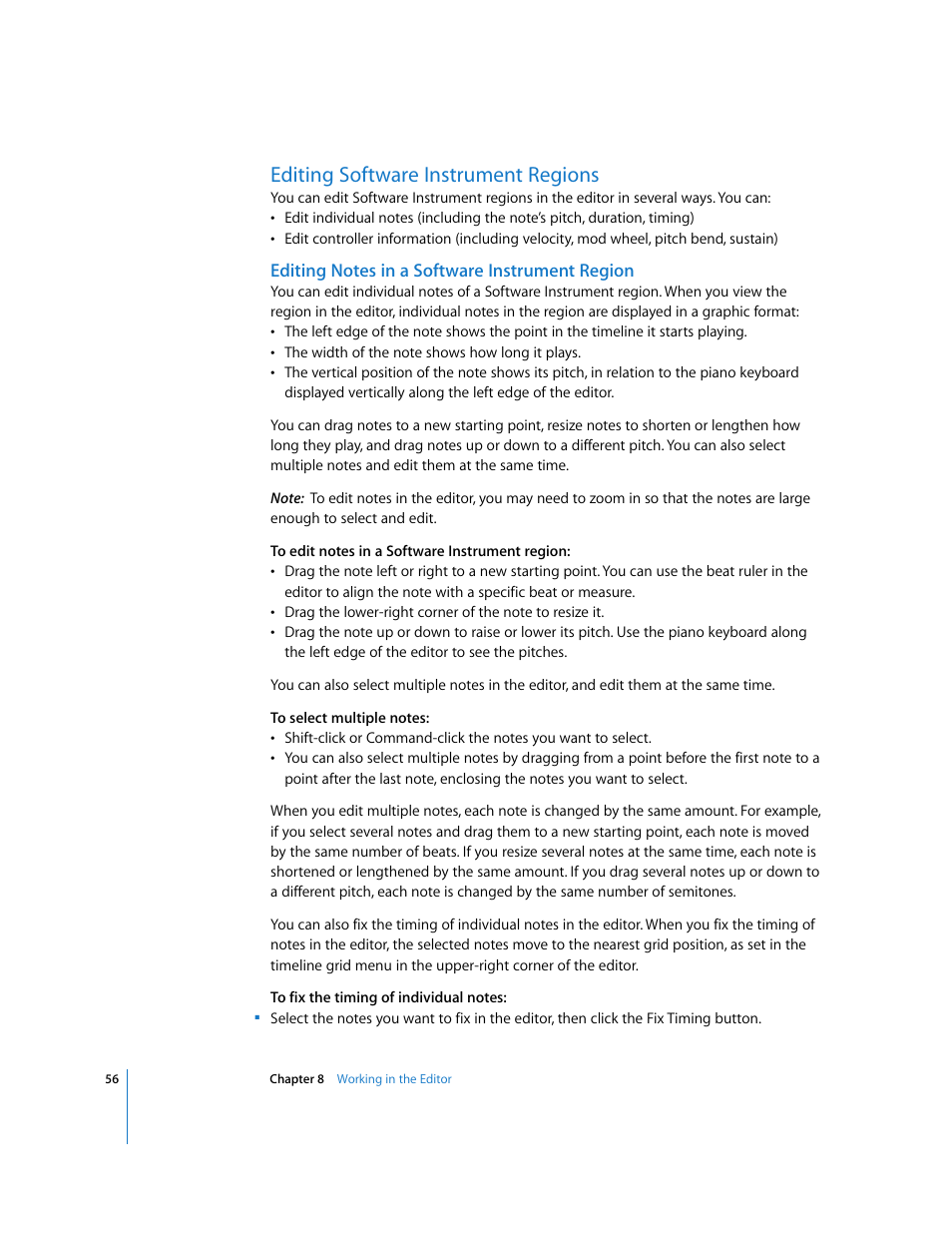 Editing software instrument regions, Editing notes in a software instrument region | Apple GarageBand 2.0 User Manual | Page 56 / 77