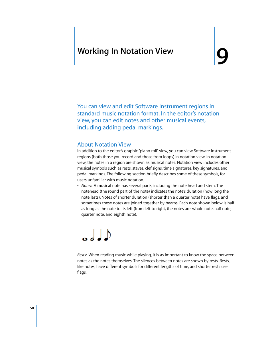 Working in notation view, About notation view, Chapter | Working in notation view” de | Apple GarageBand 2.0 User Manual | Page 58 / 77