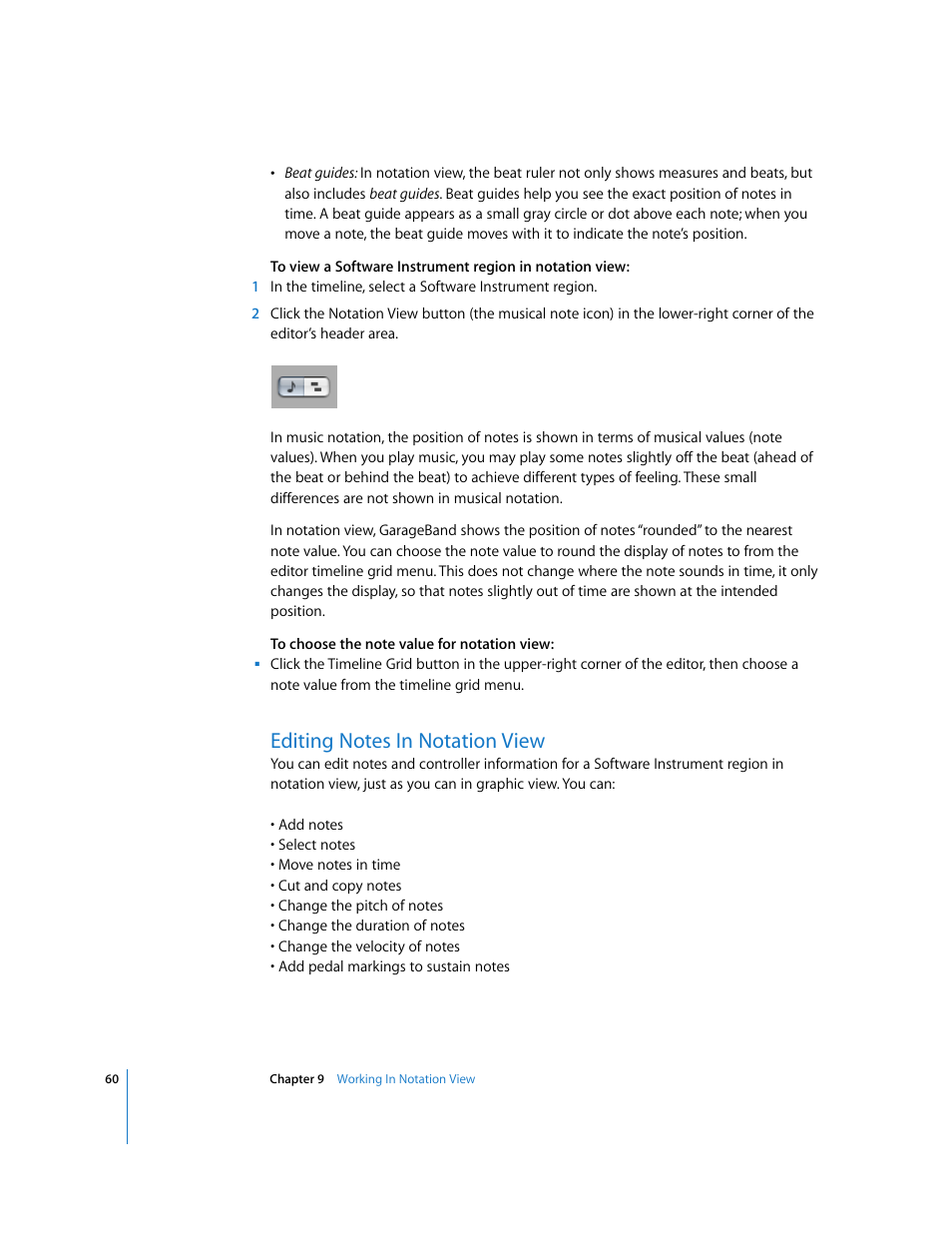 Editing notes in notation view | Apple GarageBand 2.0 User Manual | Page 60 / 77