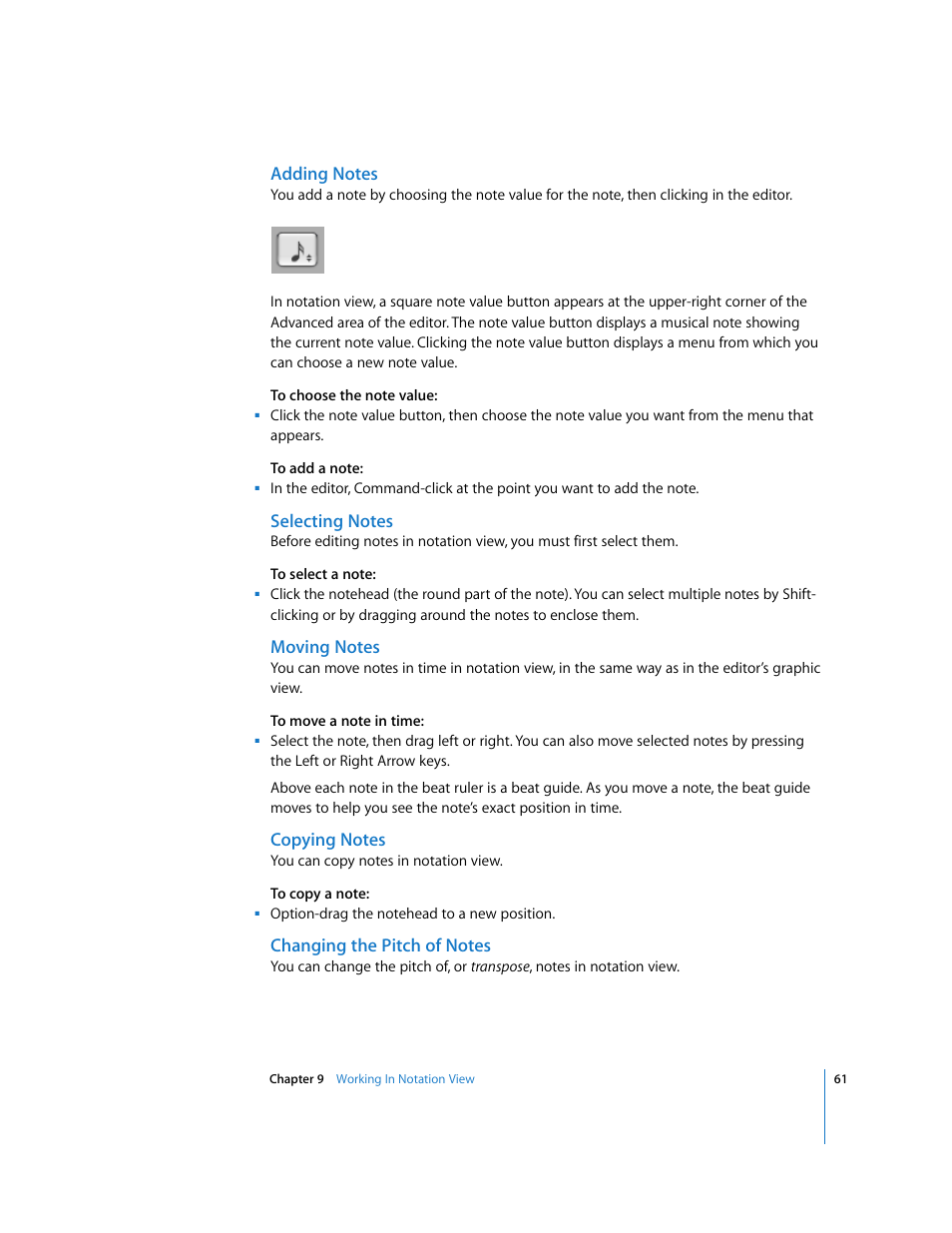 Adding notes, Selecting notes, Moving notes | Copying notes, Changing the pitch of notes | Apple GarageBand 2.0 User Manual | Page 61 / 77