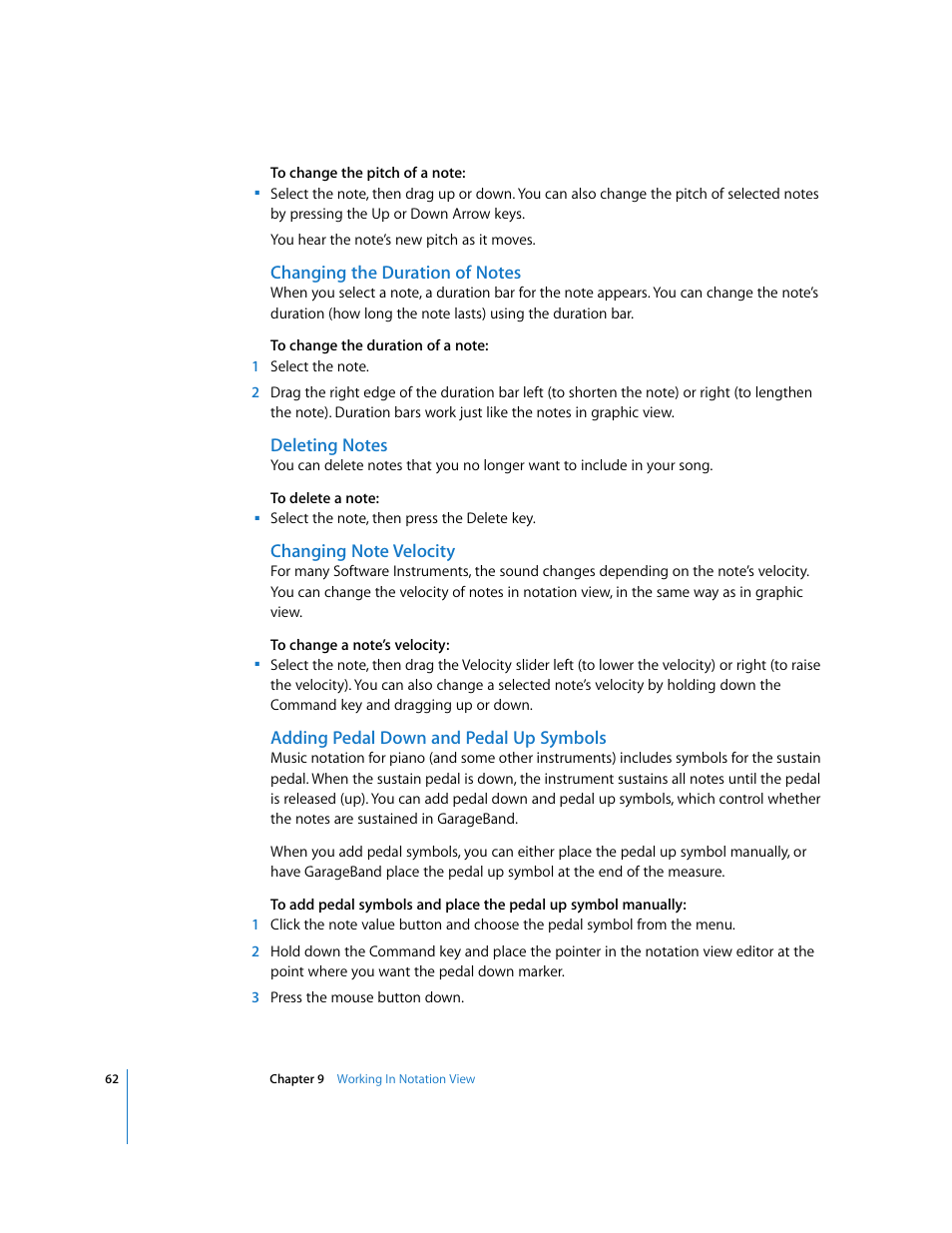 Changing the duration of notes, Deleting notes, Changing note velocity | Adding pedal down and pedal up symbols | Apple GarageBand 2.0 User Manual | Page 62 / 77