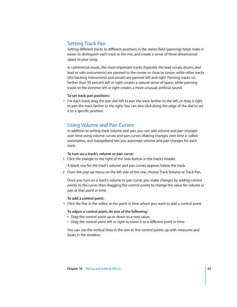 Setting track pan, Using volume and pan curves | Apple GarageBand 2.0 User Manual | Page 65 / 77