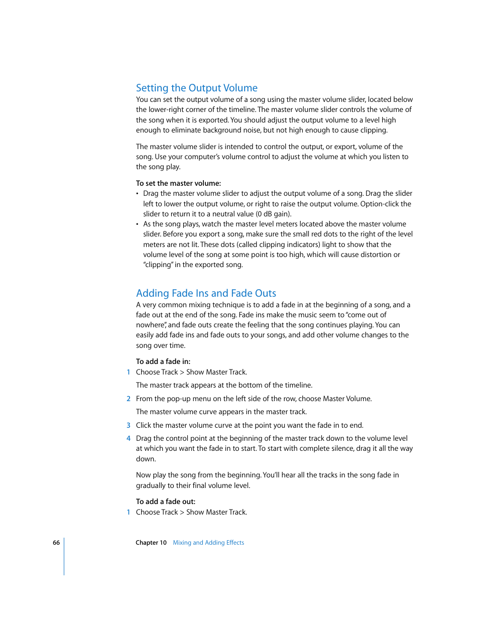 Setting the output volume, Adding fade ins and fade outs | Apple GarageBand 2.0 User Manual | Page 66 / 77
