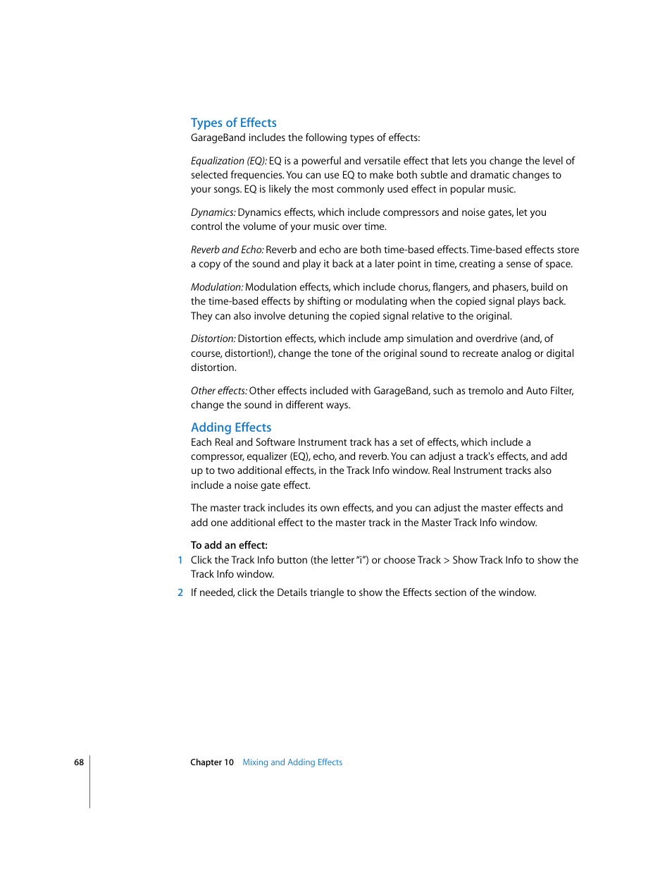 Types of effects, Adding effects | Apple GarageBand 2.0 User Manual | Page 68 / 77