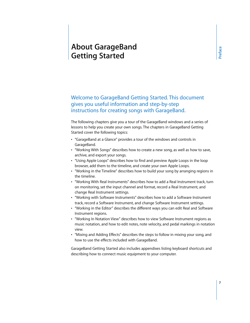 About garageband getting started, Preface | Apple GarageBand 2.0 User Manual | Page 7 / 77