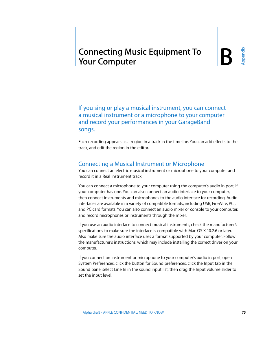 Connecting music equipment to your computer, Connecting a musical instrument or microphone, Appendix | Apple GarageBand 2.0 User Manual | Page 75 / 77