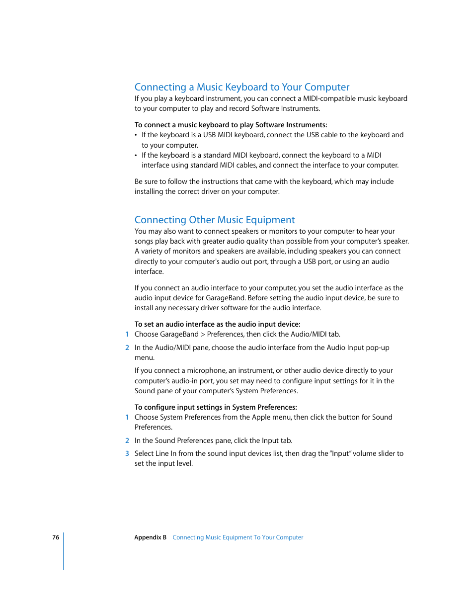 Connecting a music keyboard to your computer, Connecting other music equipment | Apple GarageBand 2.0 User Manual | Page 76 / 77