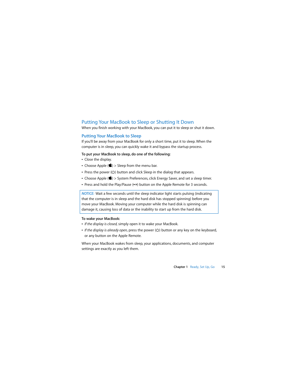 Putting your macbook to sleep or shutting it down | Apple MacBook (13-inch, Late 2006) User Manual | Page 15 / 76