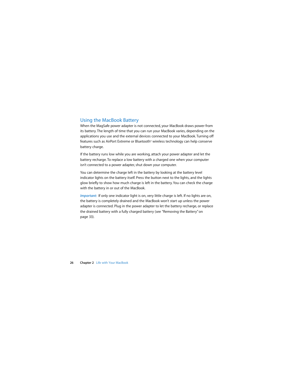 Using the macbook battery | Apple MacBook (13-inch, Late 2006) User Manual | Page 26 / 76