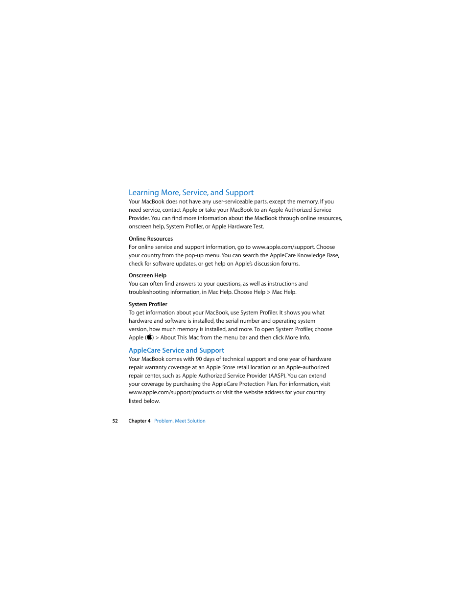 Learning more, service, and support | Apple MacBook (13-inch, Late 2006) User Manual | Page 52 / 76