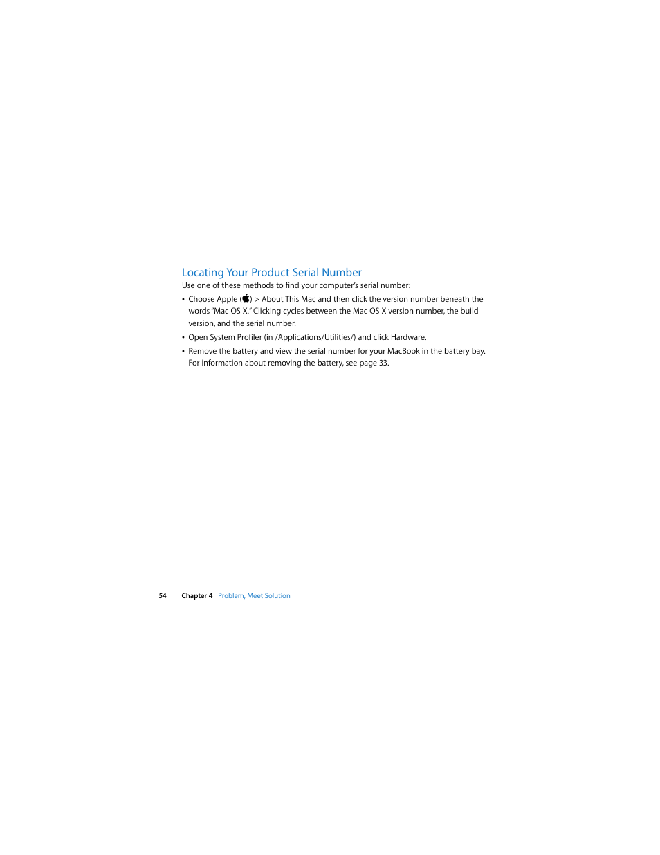 Locating your product serial number | Apple MacBook (13-inch, Late 2006) User Manual | Page 54 / 76