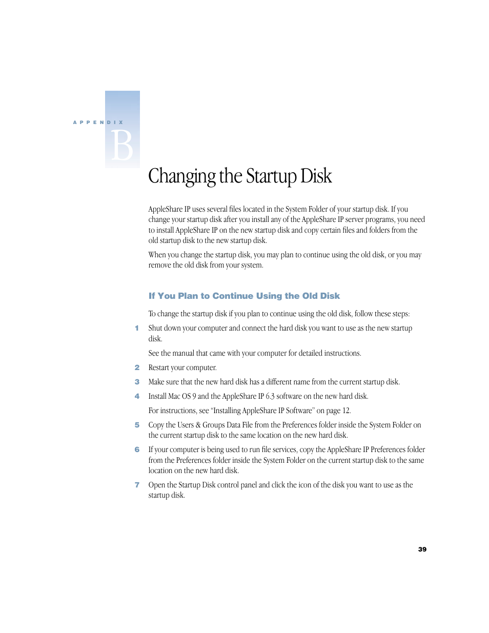 Changing the startup disk | Apple AppleShare IP 6.3 User Manual | Page 39 / 46