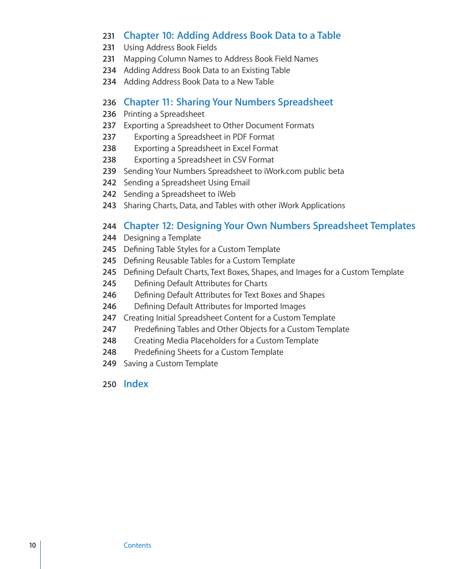 Chapter 10: adding address book data to a table, Chapter 11: sharing your numbers spreadsheet, Index | Apple Numbers '09 User Manual | Page 10 / 254