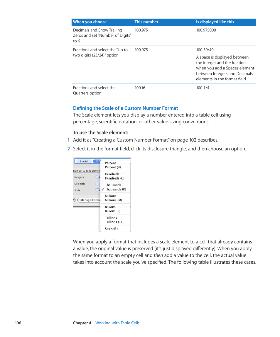 Defining the scale of a custom number format, 106 f | Apple Numbers '09 User Manual | Page 106 / 254