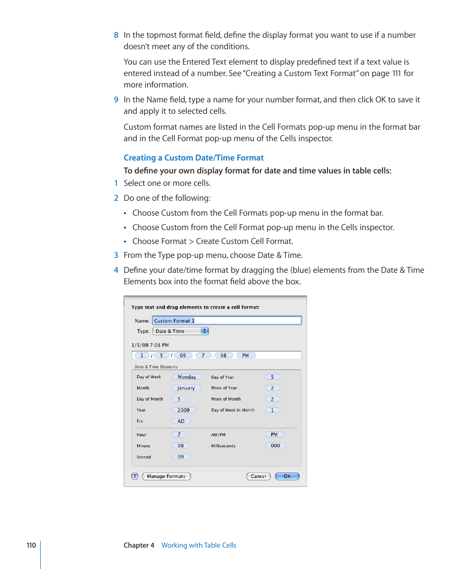 Creating a custom date/time format | Apple Numbers '09 User Manual | Page 110 / 254