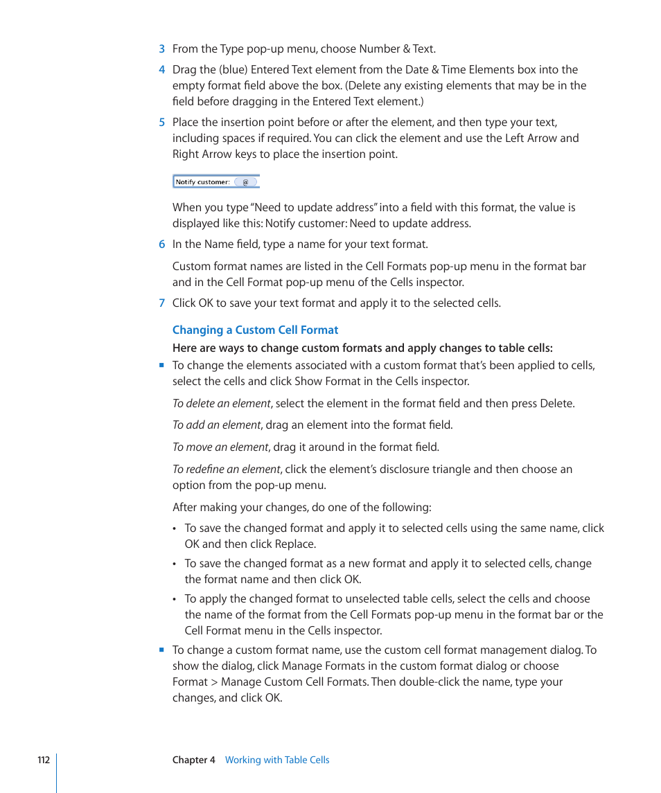 Changing a custom cell format | Apple Numbers '09 User Manual | Page 112 / 254