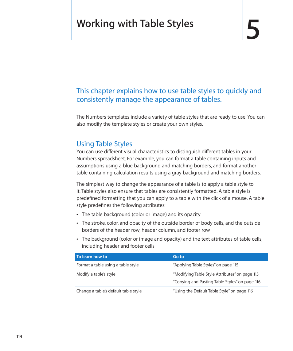Chapter 5: working with table styles, Using table styles, Chapter 5: working with table styles | 114 using table styles, 114 f, Working with table styles, Using, Table styles | Apple Numbers '09 User Manual | Page 114 / 254
