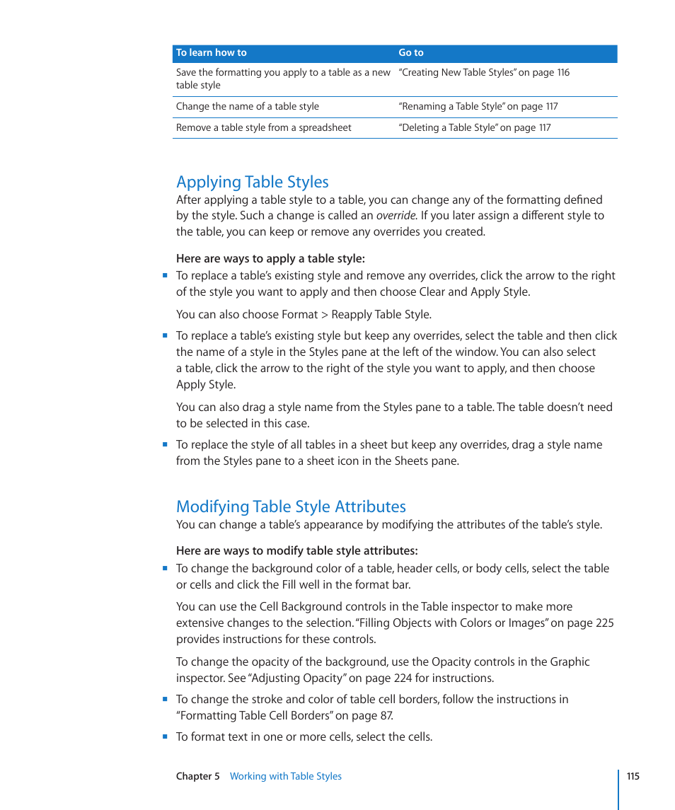 Applying table styles, Modifying table style attributes | Apple Numbers '09 User Manual | Page 115 / 254
