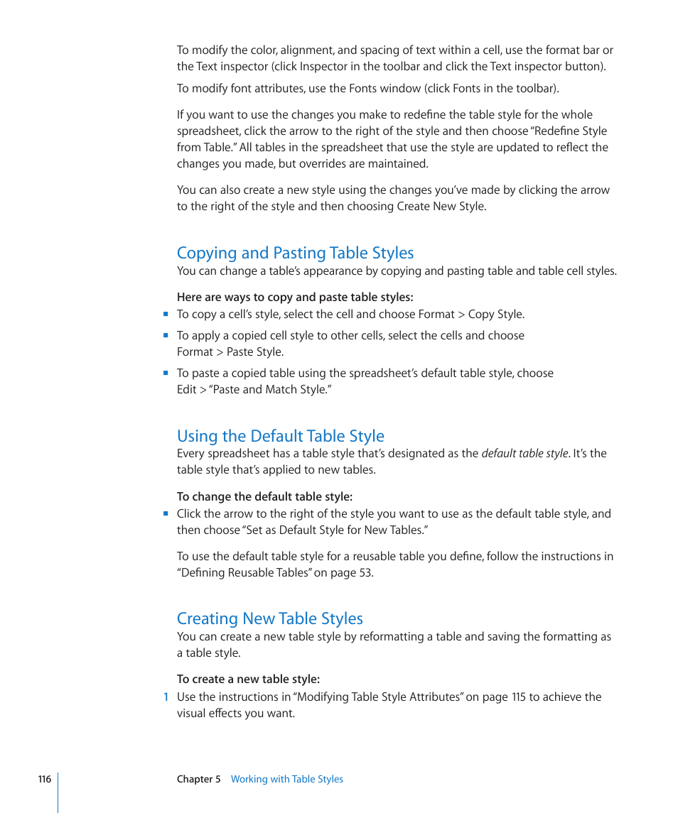 Copying and pasting table styles, Using the default table style, Creating new table styles | Apple Numbers '09 User Manual | Page 116 / 254