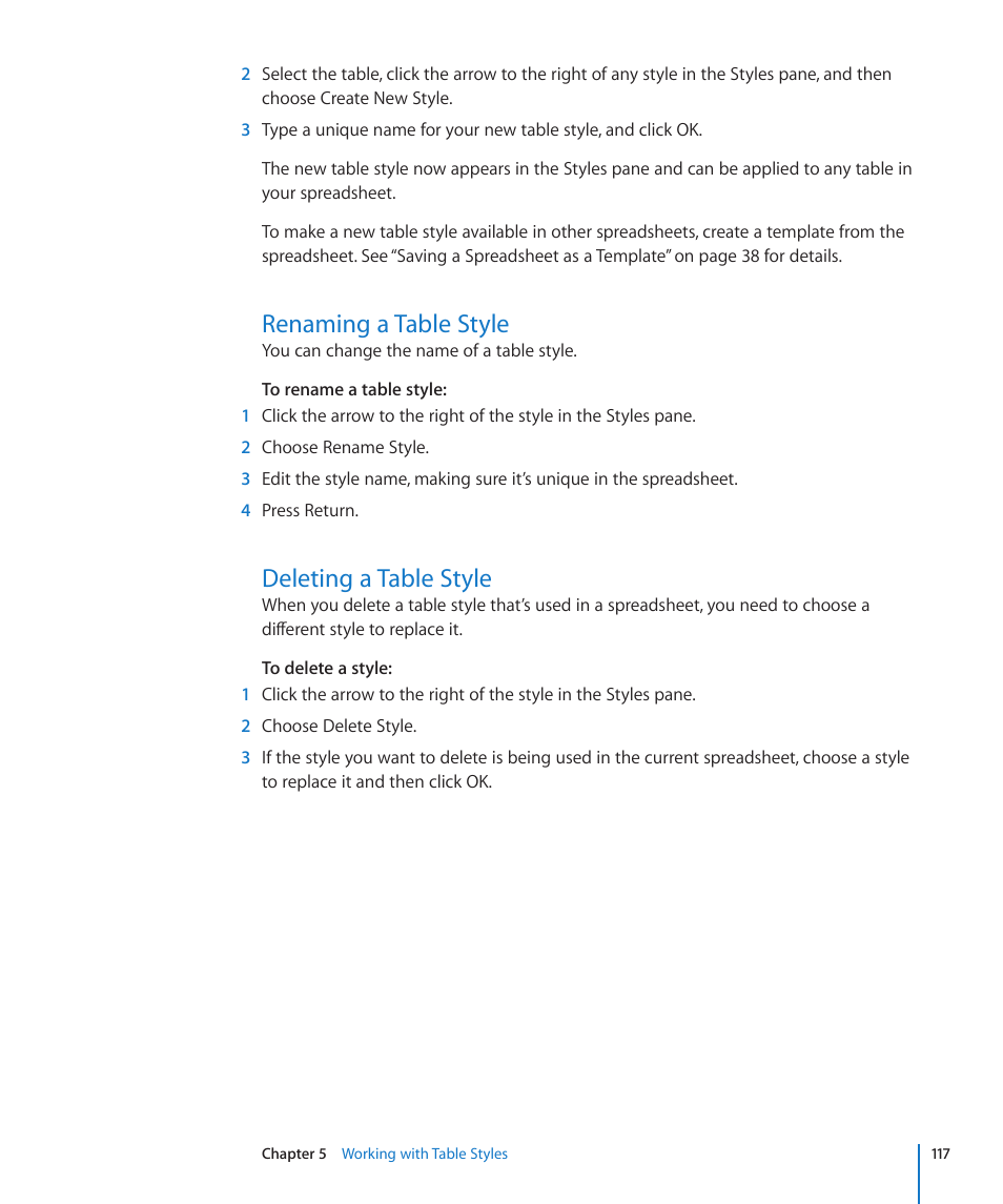 Renaming a table style, Deleting a table style | Apple Numbers '09 User Manual | Page 117 / 254