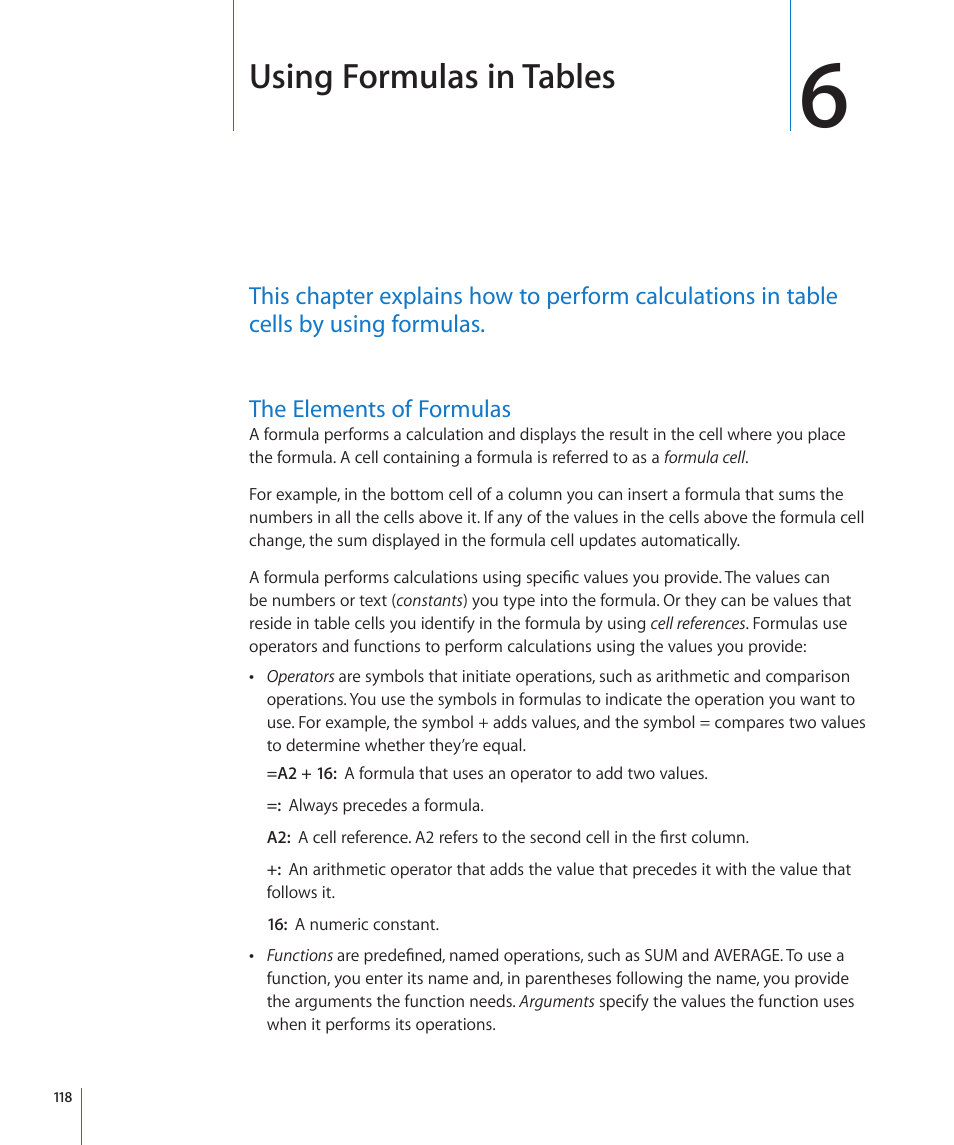 Chapter 6: using formulas in tables, The elements of formulas, Chapter 6: using formulas in tables | 118 the elements of formulas, Using formulas in tables | Apple Numbers '09 User Manual | Page 118 / 254