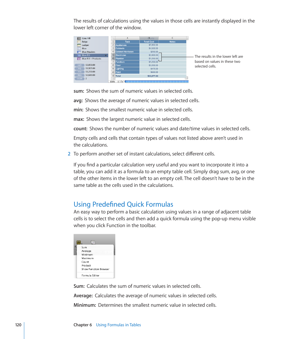 Using predefined quick formulas, 120 using predefined quick formulas | Apple Numbers '09 User Manual | Page 120 / 254