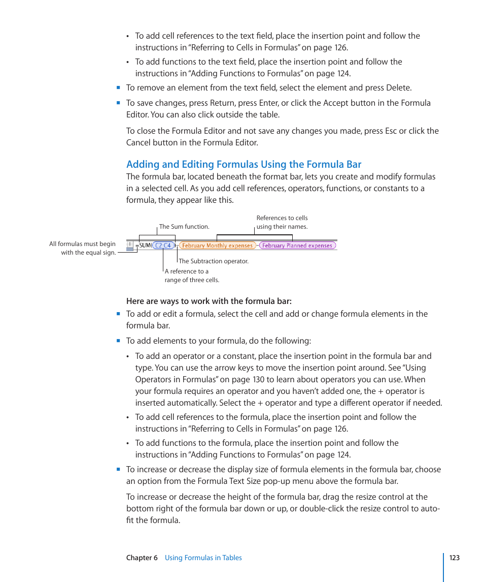 Adding and editing formulas using the formula bar | Apple Numbers '09 User Manual | Page 123 / 254