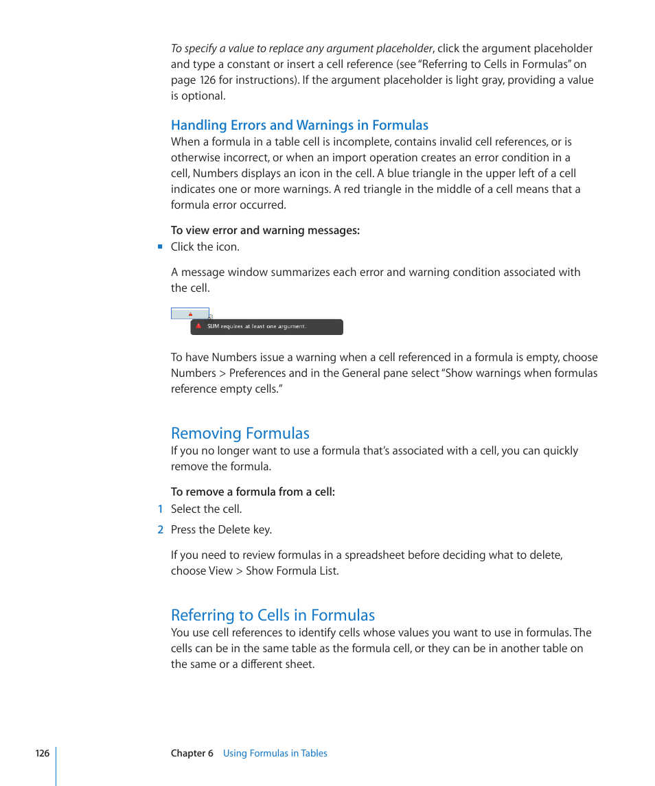 Handling errors and warnings in formulas, Removing formulas, Referring to cells in formulas | 126 e | Apple Numbers '09 User Manual | Page 126 / 254