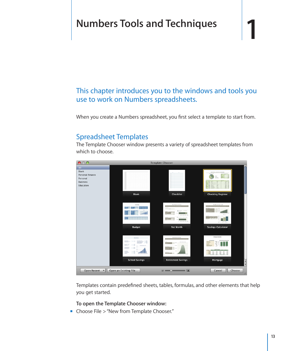 Chapter 1: numbers tools and techniques, Spreadsheet templates, Chapter 1: numbers tools and techniques | Numbers tools and techniques | Apple Numbers '09 User Manual | Page 13 / 254