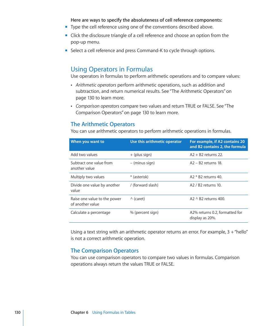 Using operators in formulas, The arithmetic operators, The comparison operators | 130 using operators in formulas 130 | Apple Numbers '09 User Manual | Page 130 / 254