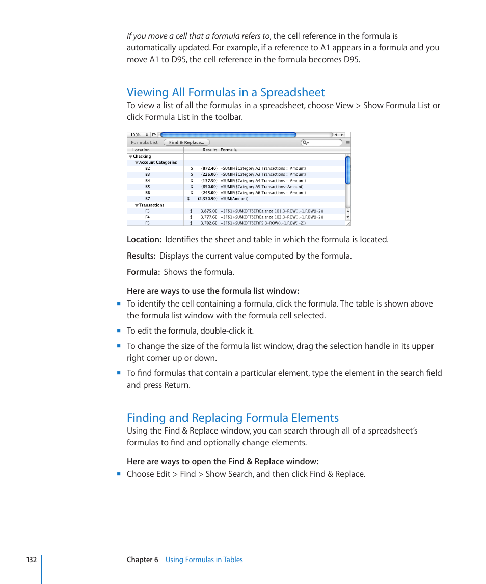 Viewing all formulas in a spreadsheet, Finding and replacing formula elements | Apple Numbers '09 User Manual | Page 132 / 254