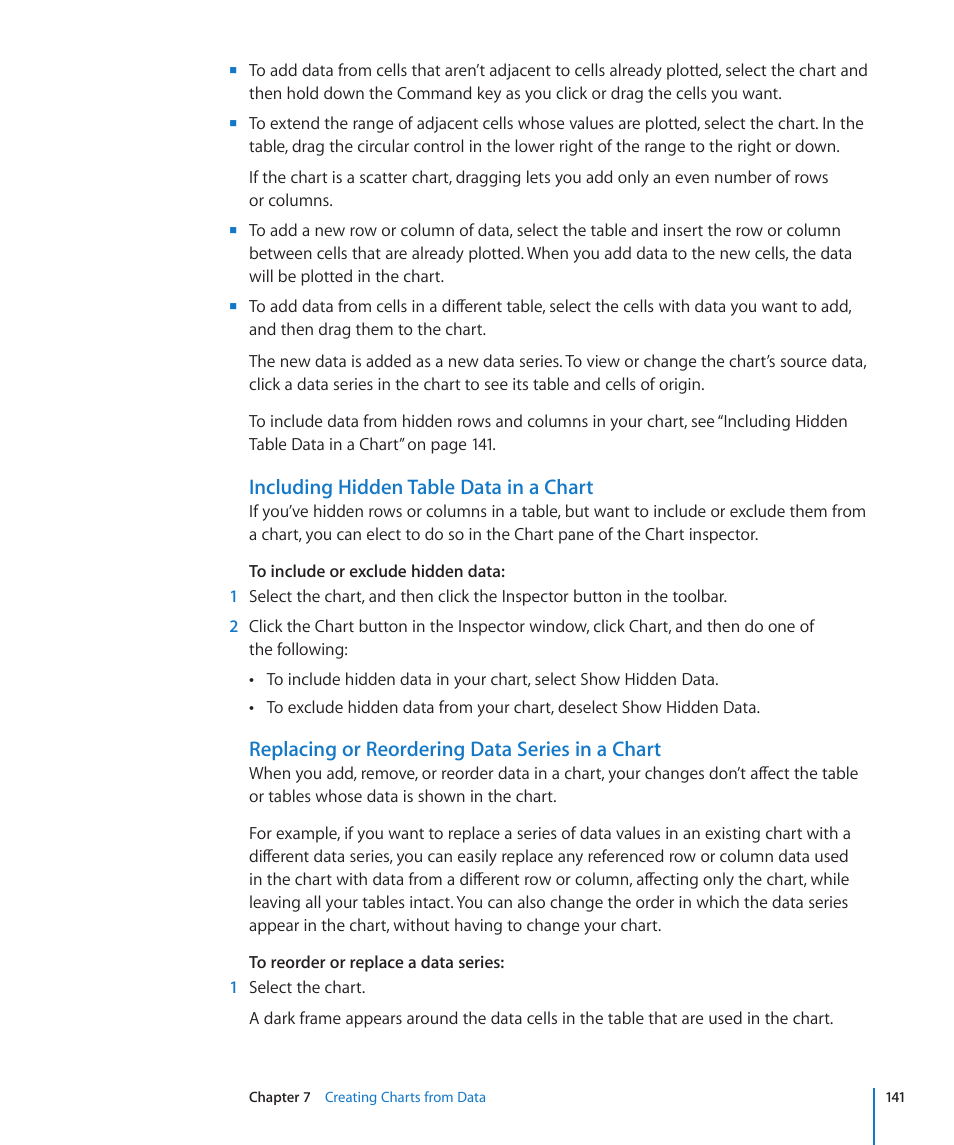 Including hidden table data in a chart, Replacing or reordering data series in a chart | Apple Numbers '09 User Manual | Page 141 / 254