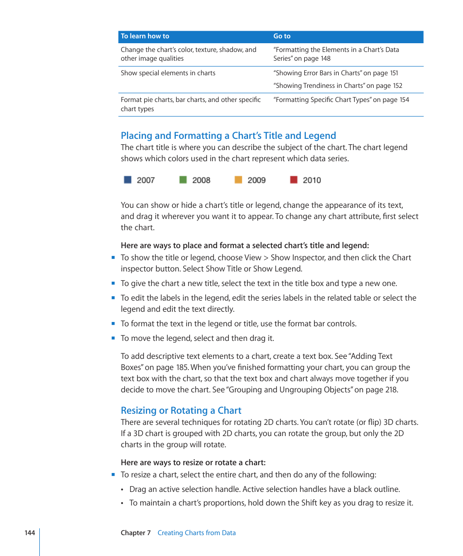 Placing and formatting a chart’s title and legend, Resizing or rotating a chart | Apple Numbers '09 User Manual | Page 144 / 254