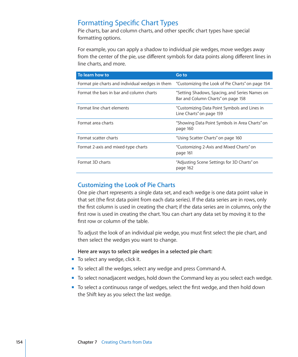 Formatting specific chart types, Customizing the look of pie charts, 154 formatting specific chart types 154 | Apple Numbers '09 User Manual | Page 154 / 254