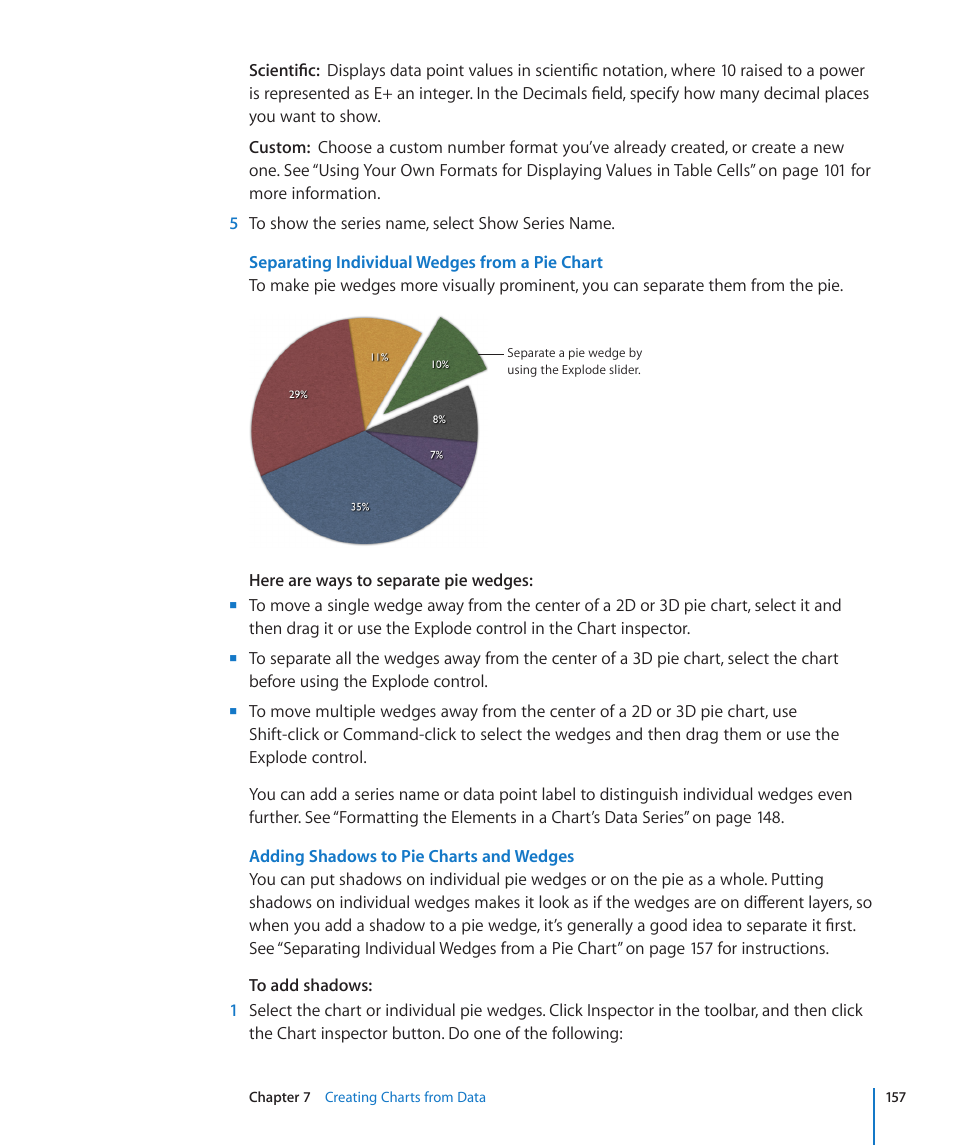 Separating individual wedges from a pie chart, Adding shadows to pie charts and wedges | Apple Numbers '09 User Manual | Page 157 / 254