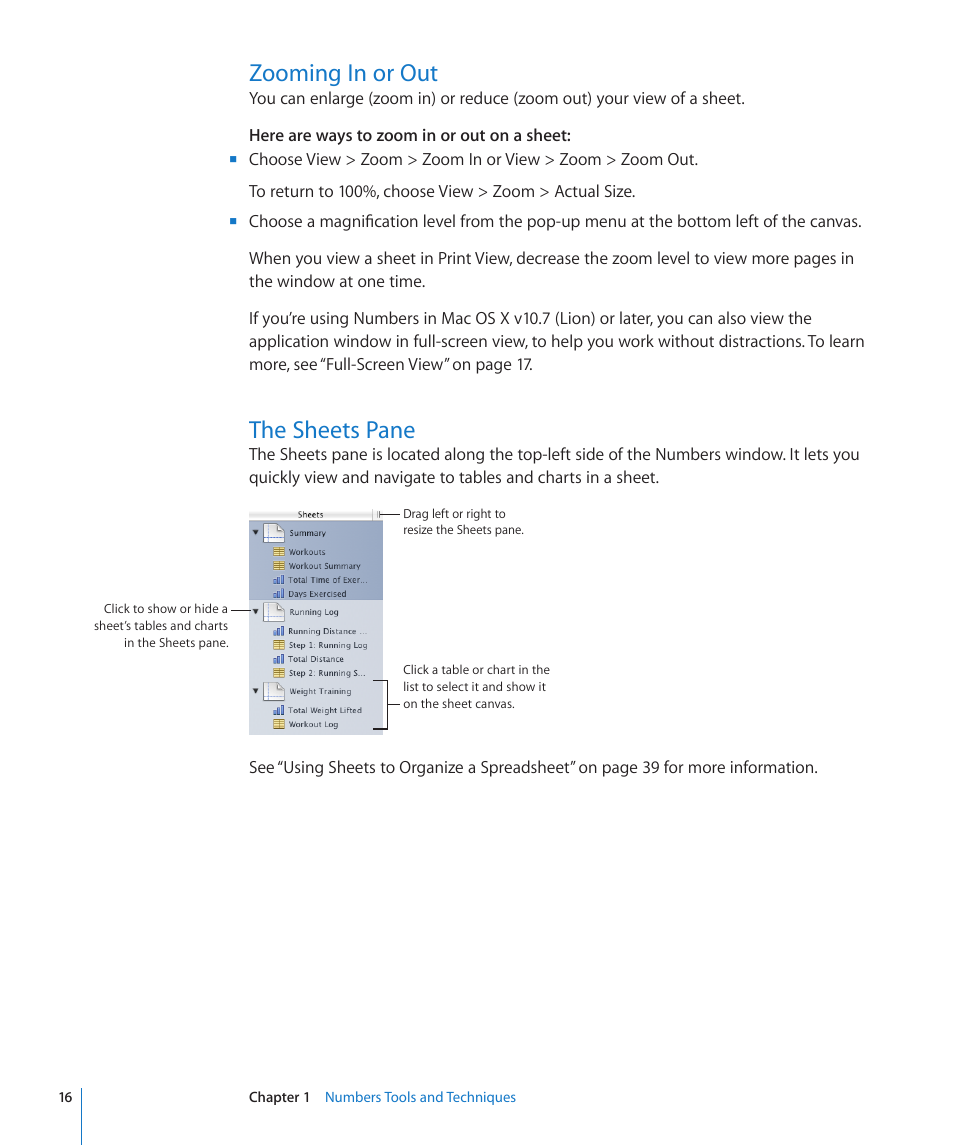 Zooming in or out, The sheets pane, 16 zooming in or out 16 the sheets pane | Apple Numbers '09 User Manual | Page 16 / 254