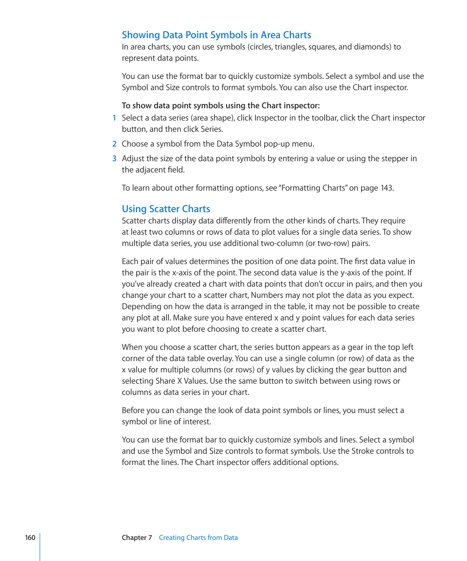 Showing data point symbols in area charts, Using scatter charts | Apple Numbers '09 User Manual | Page 160 / 254