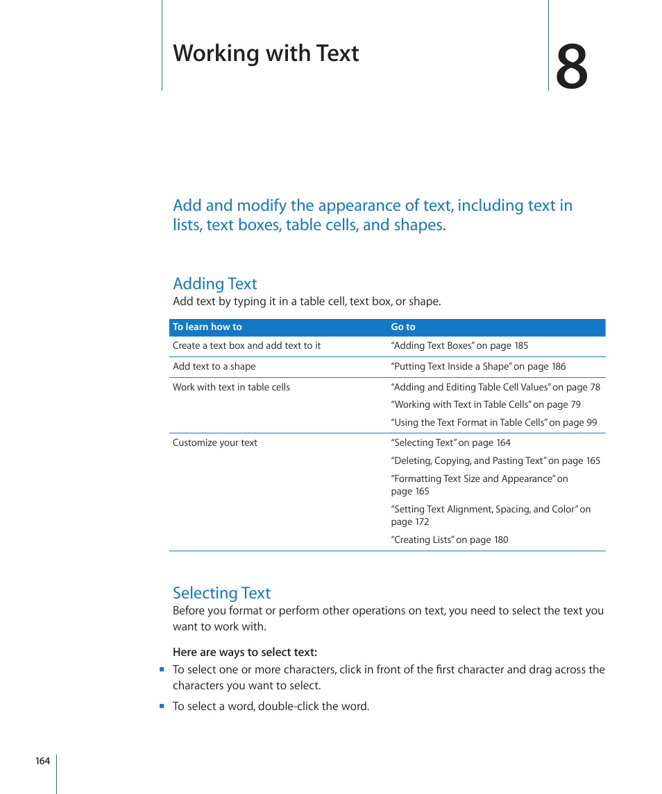 Chapter 8: working with text, Adding text, Selecting text | Chapter 8: working with text, 164 adding text 164 selecting text, Working with text | Apple Numbers '09 User Manual | Page 164 / 254