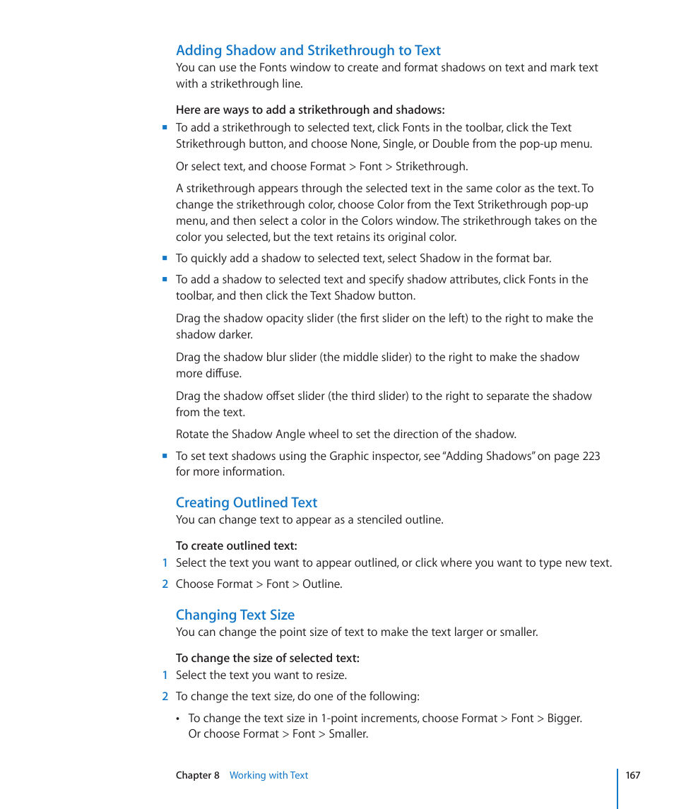 Adding shadow and strikethrough to text, Creating outlined text, Changing text size | Apple Numbers '09 User Manual | Page 167 / 254