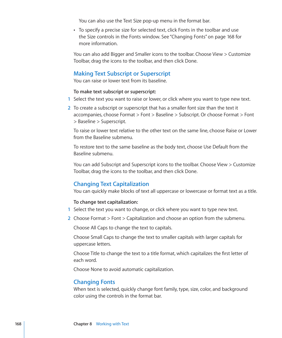 Making text subscript or superscript, Changing text capitalization, Changing fonts | Apple Numbers '09 User Manual | Page 168 / 254