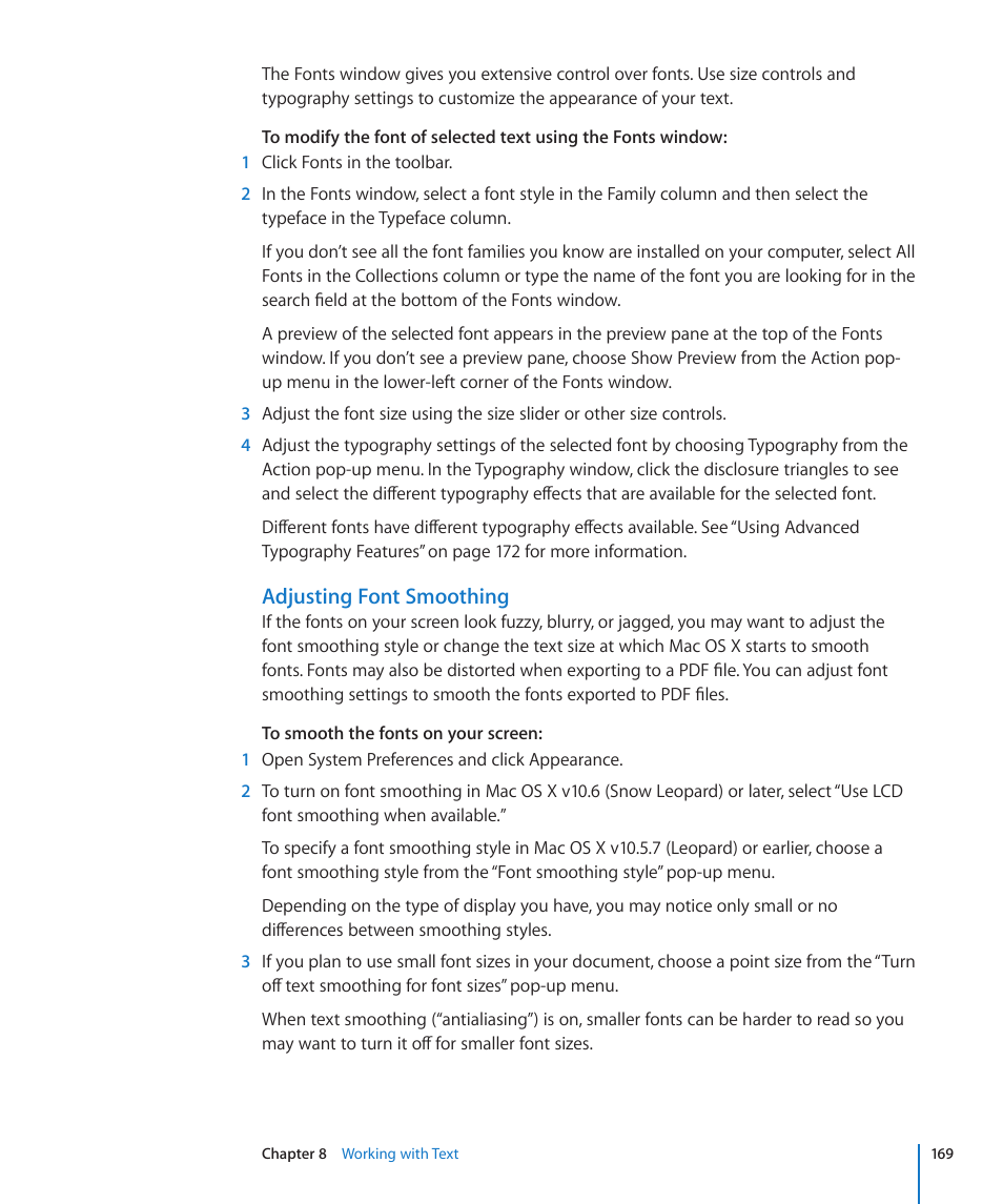 Adjusting font smoothing, To smooth the fonts on your screen | Apple Numbers '09 User Manual | Page 169 / 254